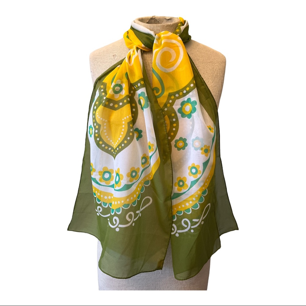 Vintage Polyester Long Scarf Avocado & Yellow